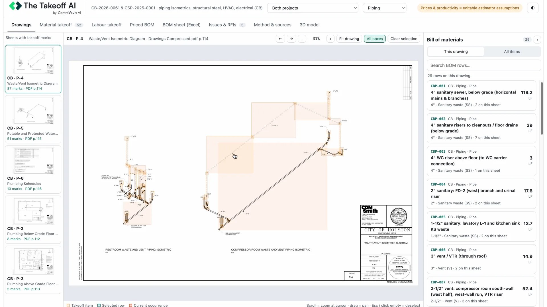 Piping drawings taken off and modeled, each bill of materials line located on the drawing