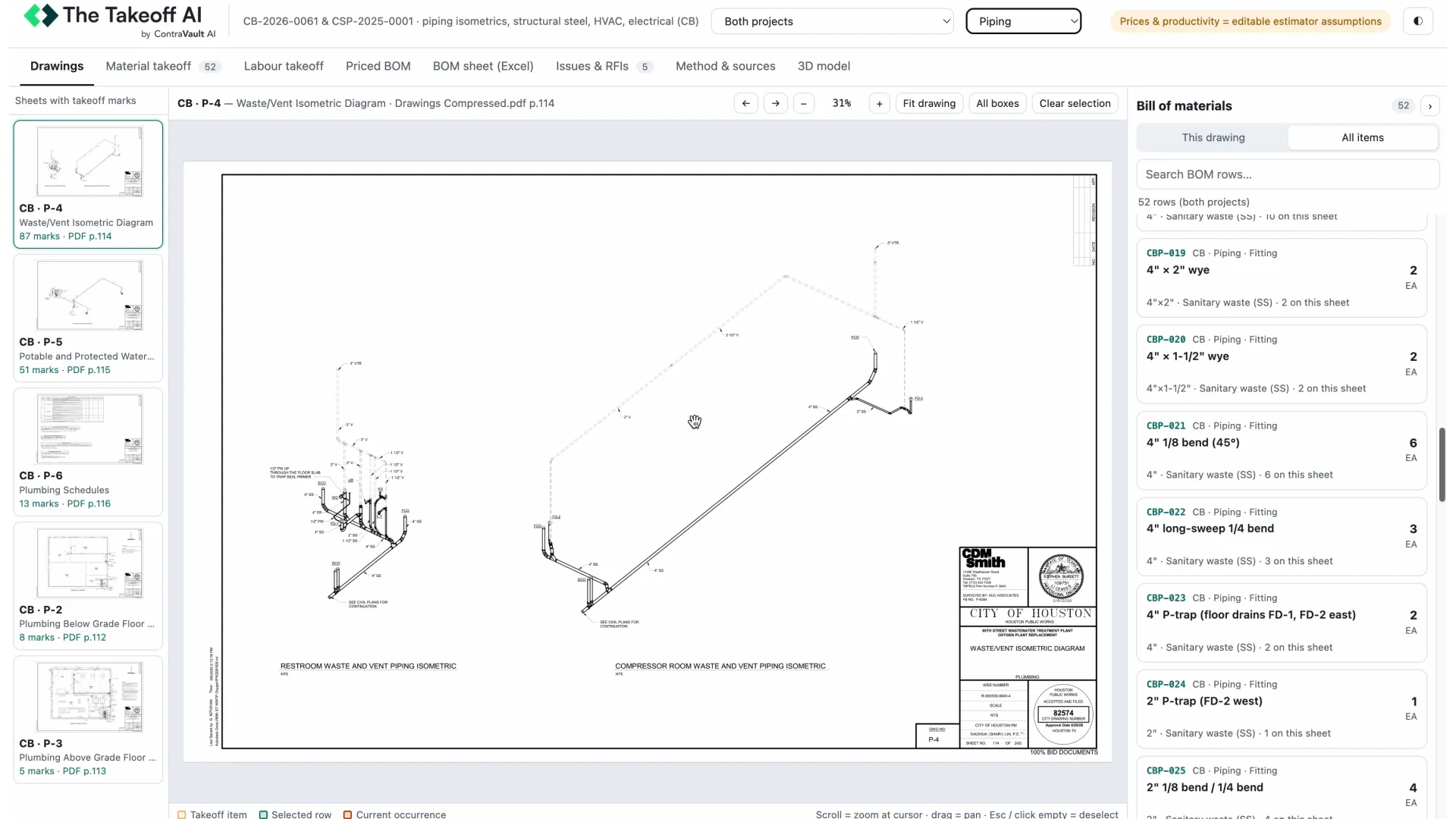 Piping labor takeoff on an isometric, with labor hours for each line of the bill of materials