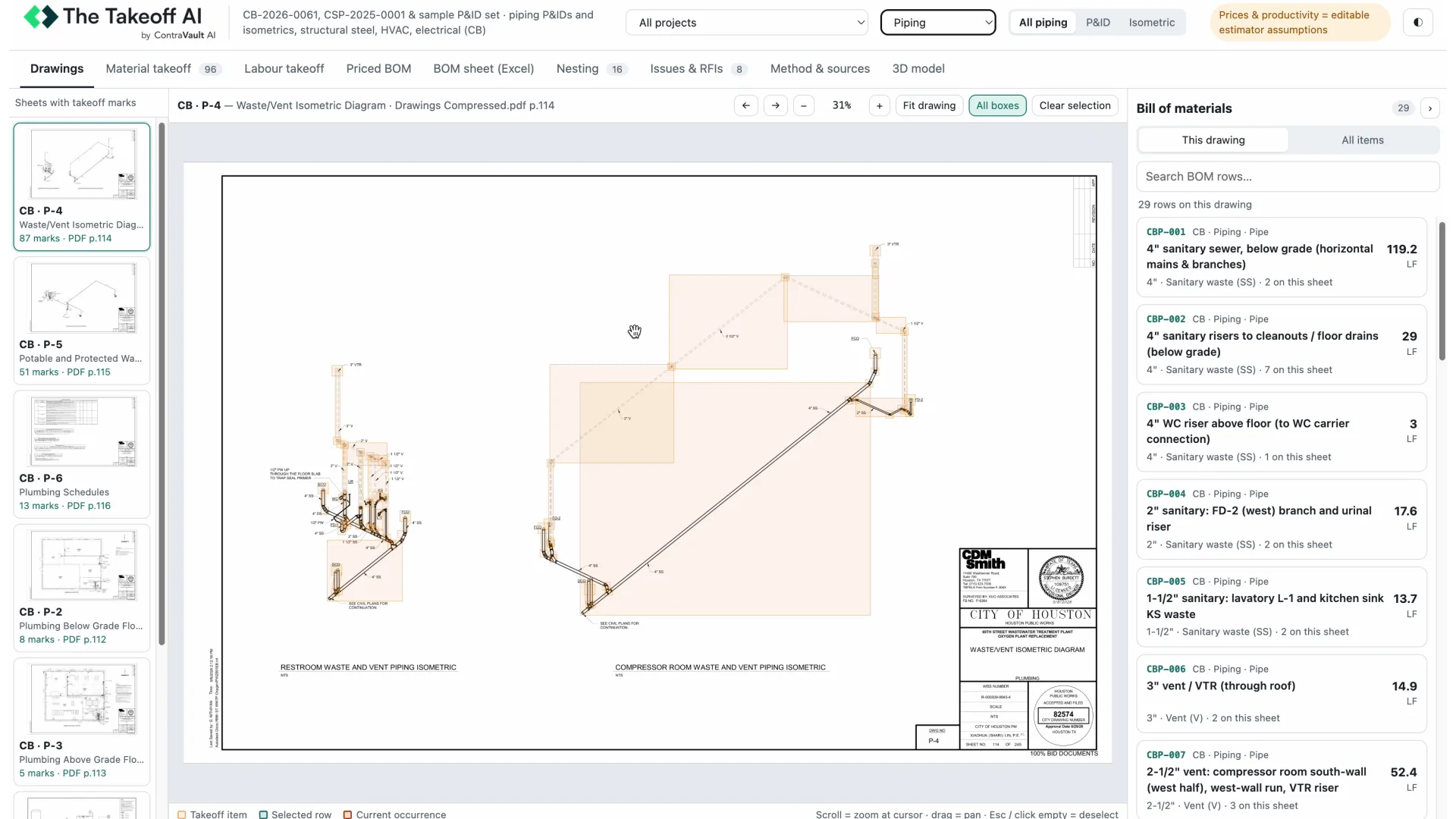 Piping cut list nested onto stock lengths, each cut located on the drawing