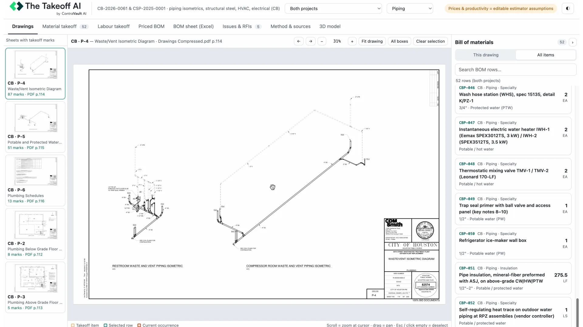 Piping priced bill of materials, each line located on the drawing with its material and labor cost