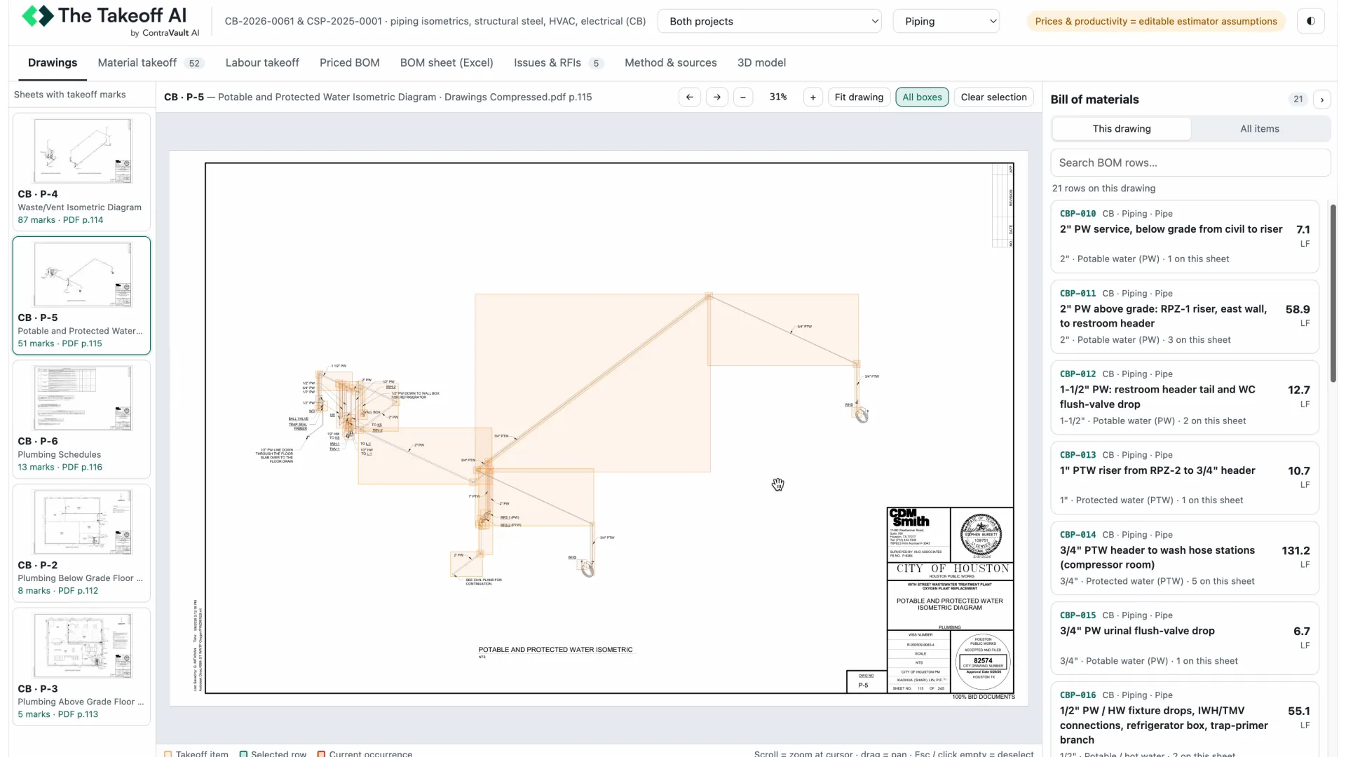 Piping quantity takeoff on an isometric, each bill of materials line located on the drawing